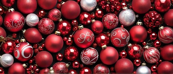 Bunch of red Christmas decorations detailed texture background from Generative AI