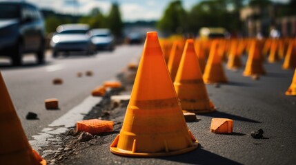Construction cones marking part of road with a layer of fresh asphalt.