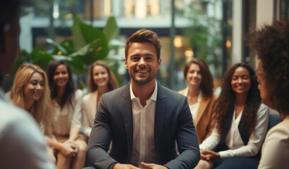 Obraz premium Happy multiracial colleagues sitting on chairs, Listening to male boss team leader, Explaining working issues at briefing meeting in modern office.
