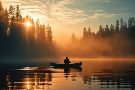 A man in canoe on a foggy tranquil lake with forest at sunrise. Winter Autumn seasonal concept.
