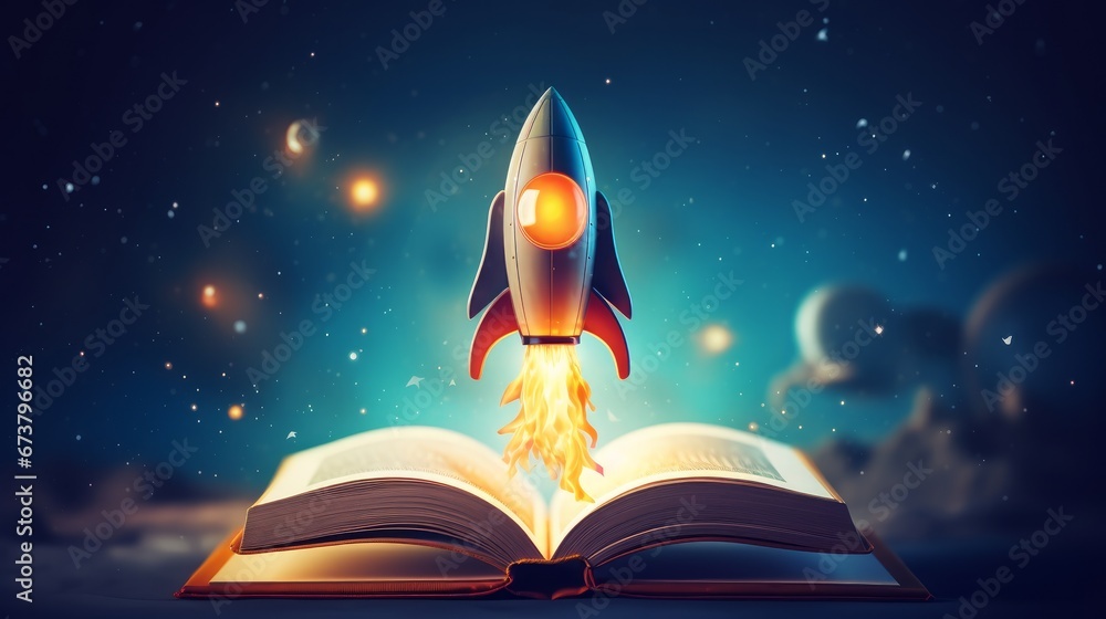 Wall mural Illustration of rocket starting to fly from book education concept. space shuttle