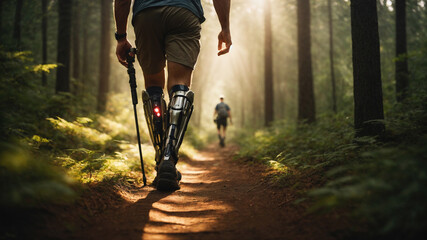 Man hiking in the woodland with bionic leg prostheses. - 673796807