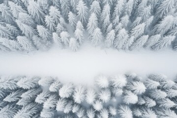 Aerial view of a highway through Winter forest covered with snow. Winter seasonal concept.