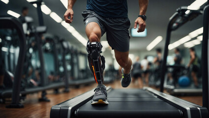 Man running in the fitness club with bionic prosthesis. - obrazy, fototapety, plakaty
