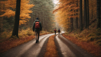 Man hiking through the autumn forest. Backpacking. - 673796829