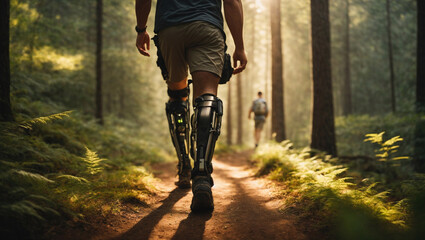 Man hiking in the woodland with bionic leg prostheses. - 673796834