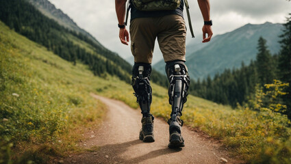 Man hiking in the woodland with bionic leg prostheses. - 673796838