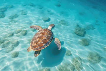 Fototapeta premium A sea turtle swimming underwater in tropical ocean