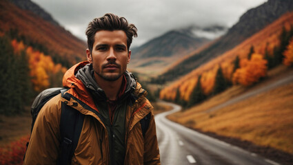 Man hiking through the autumn forest. Backpacking. - 673796840