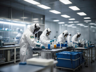 BSL-3. Biosafety Level 3 Laboratory with people working in biohazard suits. - 673796844