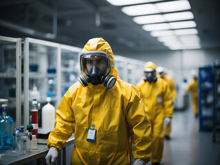 BSL-3. Biosafety Level 3 Laboratory with people working in biohazard suits.