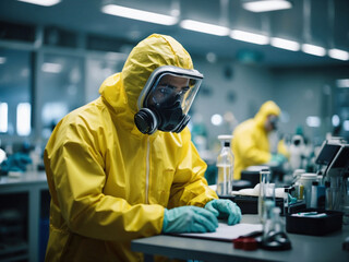BSL-3. Biosafety Level 3 Laboratory with people working in biohazard suits. - 673796857