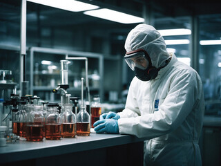 BSL-3. Biosafety Level 3 Laboratory with people working in biohazard suits - 673796859
