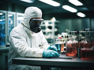 BSL-3. Biosafety Level 3 Laboratory with people working in biohazard suits - 673796862