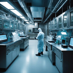 BSL-3. Biosafety Level 3 Laboratory with people working in biohazard suits - 673796863