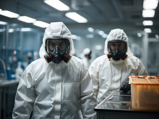 BSL-3. Biosafety Level 3 Laboratory with people working in biohazard suits. - 673796869