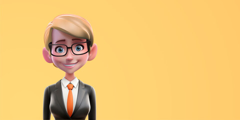 3d businesswoman. Smiling woman in strict office suit, cartoon render character, bank employee and manager, financial sphere, vector banner