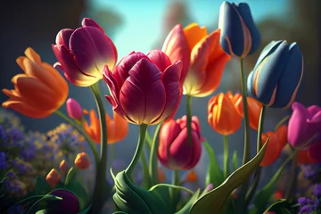 Fotobehang Beautiful tulips during a sunny day in the multicolored tulip field. Beautiful spring flowers. illustration © Artstation