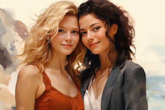 A group of beautiful attractive young girls, women of different cultures and international friends, drawn with oil paints in a watercolor style, on a white isolated background