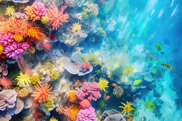 Aerial view of crystal clear sea water and colorful coral reef. Seascape background. Summer vacation concept.