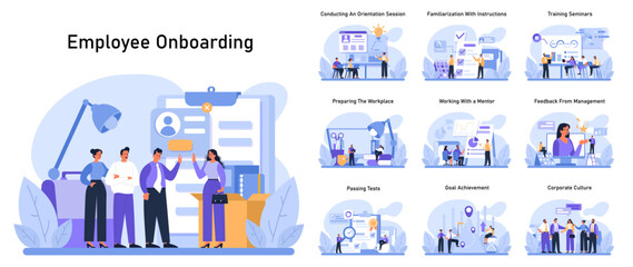 Employee Onboarding set. New hires journey from orientation to corporate culture. Conducting a session, training seminars, mentor guidance, and feedback. Flat vector illustration. - obrazy, fototapety, plakaty