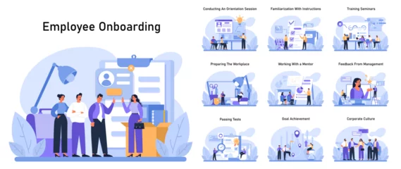 Fotobehang Employee Onboarding set. New hires journey from orientation to corporate culture. Conducting a session, training seminars, mentor guidance, and feedback. Flat vector illustration. © inspiring.team