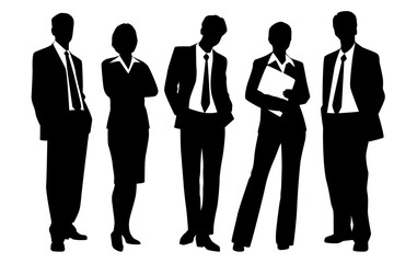 Vector silhouettes of  men and a women, a group of standing   business people, profile, black  color isolated on white background