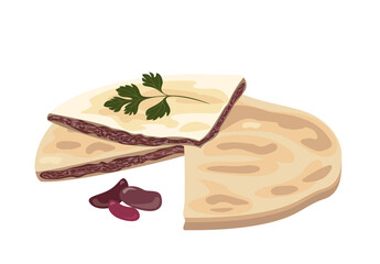 Traditional georgian dish Lobiani Pie with red beans. Baked bread filled with beans.Flat Vector Illustration isolated on white background.Caucasian Kartuli food,Sakartvelo cuisine