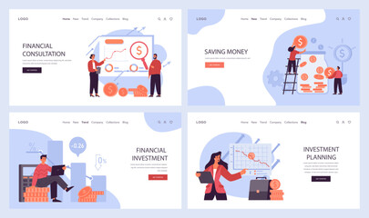 Financial planning web banner or landing page set. Personal and family budget development, expense management. Investing money. Financial well-being. Flat vector illustration