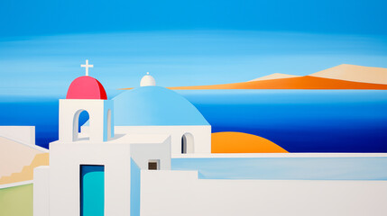 Abstract image of the iconic white buildings with blue and red domes of Santorini island, Greece. The buildings are set against a clear blue sky, sea and mountains range in the background. 