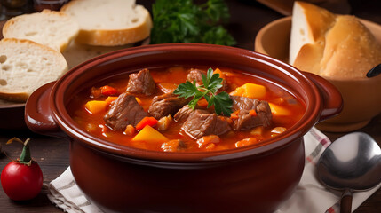 Traditional Hungarian goulash soup Bograch  in a bowl - obrazy, fototapety, plakaty