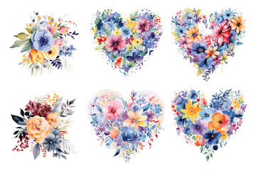 Watercolor love shape floral design set, watercolor flower love vector