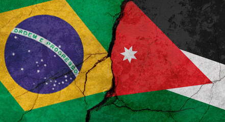 Brazil and Jordan flags texture of concrete wall with cracks, grunge background, military conflict concept