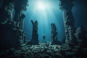 A diver explore a underwater temple relic of old remains historical buildings in deep sea. Vacation travel concept. - obrazy, fototapety, plakaty