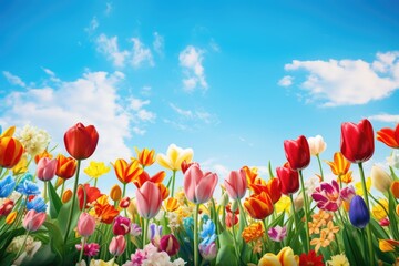 Beautiful tulip with variable colors in field and blue sky in Spring. Spring seasonal concept.