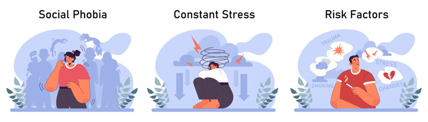 Panic attack set. Mental health disorder. Phobia, frustration and constant stress. Psychotherapy and emotional support idea. Flat vector illustration
