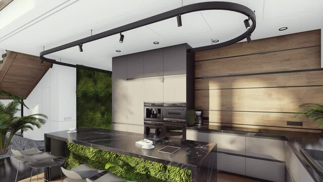 4K rendering of expensive cozy interior with green walls with living dining zone stair and kitchen for sale or rent. Spacious apartments with expensive furniture, equipment and flowers