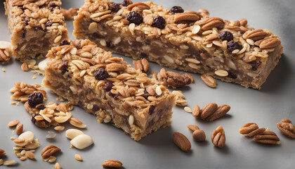 Granola Protein Bar with dries blue berries and nuts isolated with gray background.