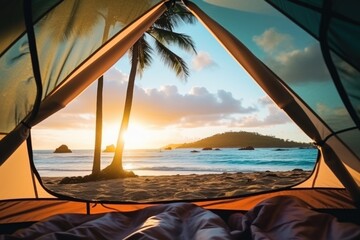Fototapeta na wymiar View from a tent at sunset at sand beach the beautiful seascape on tropical island. Summer tropical vacation concept.