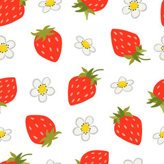 Strawberry vector seamless pattern. Sweet red berries and white flowers isolated on white. Summer plants, fruits background. Hand drawn cartoon wild woodland strawberry illustration