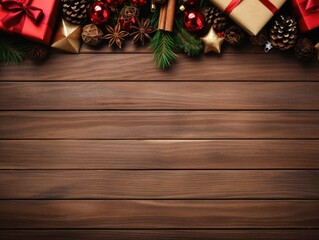 Collection of holiday decoration elements on wood background. Winter holiday concept.