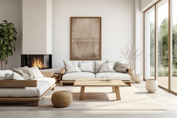 Large light living room with fireplace, contemporary with sofa and coffee table in earthy tones