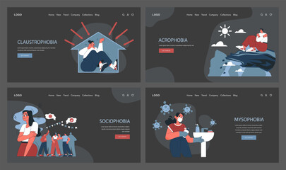 Phobia web banner or landing page dark or night mode set. Human's irrational inner fears and panic. Mental disorder, feeling of threat and danger. Mental problem. Flat vector illustration - obrazy, fototapety, plakaty