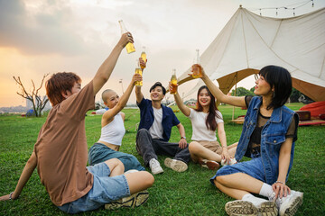 Image of group of friends celebrating and drinking beer together