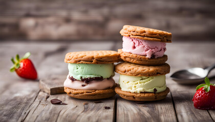 Colorful Ice cream sandwiches on wooden background
