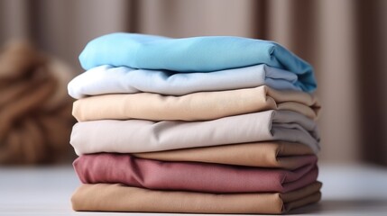 Organizing of stack different folded clothes on table.