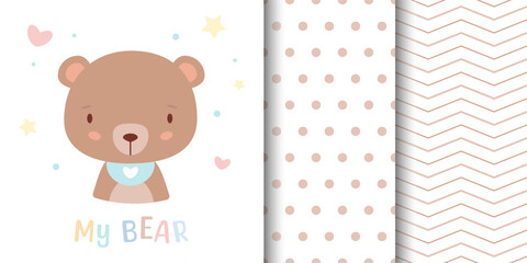 Greeting card with cute bear and children's pattern companion. Seamless pattern included in swatch panel. 