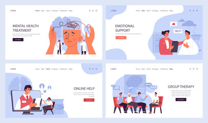 Psychotherapy web banner or landing page set. Psychiatrist consulting patient on mental health disorders. Thoughts and emotions analysis. Group, drug, art and animal therapy. Flat vector illustration