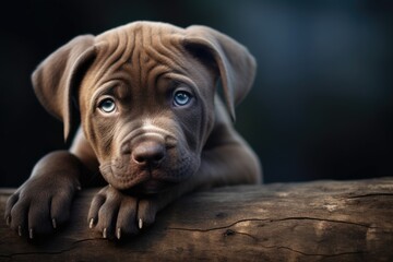 Obraz premium A Cute Brown Puppy with Blue Eyes Relaxing on a Log