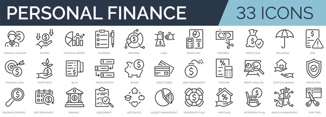 Set of 33 outline icons related to personal finance. Linear icon collection. Editable stroke. Vector illustration
